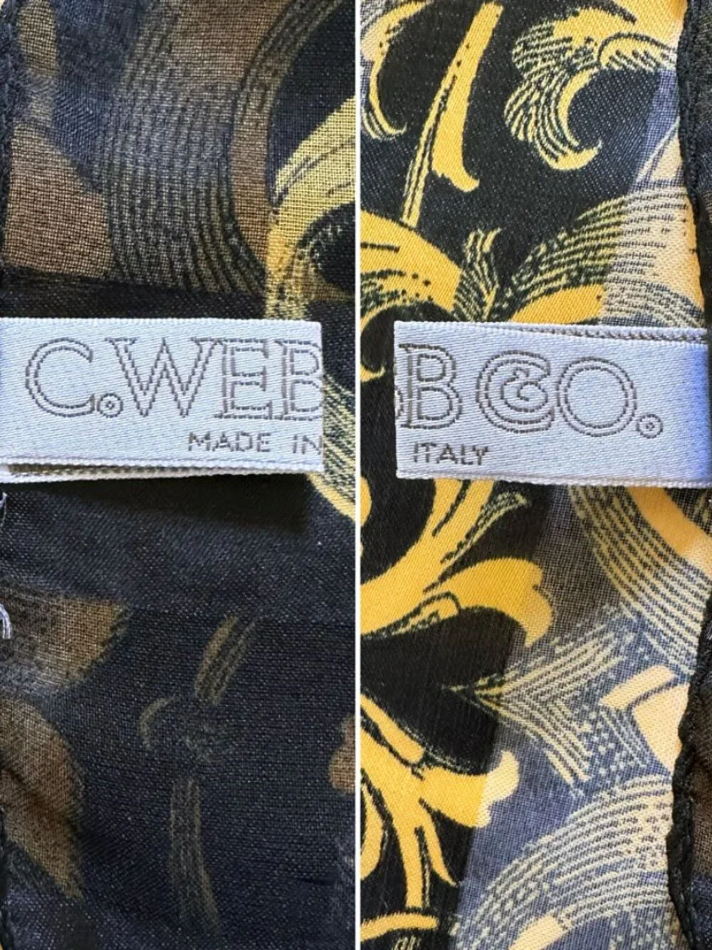 Vtg C.Webb Italy Scarf Baroque Black Gold White Sheer Silk Satin Hand Rolled 90s